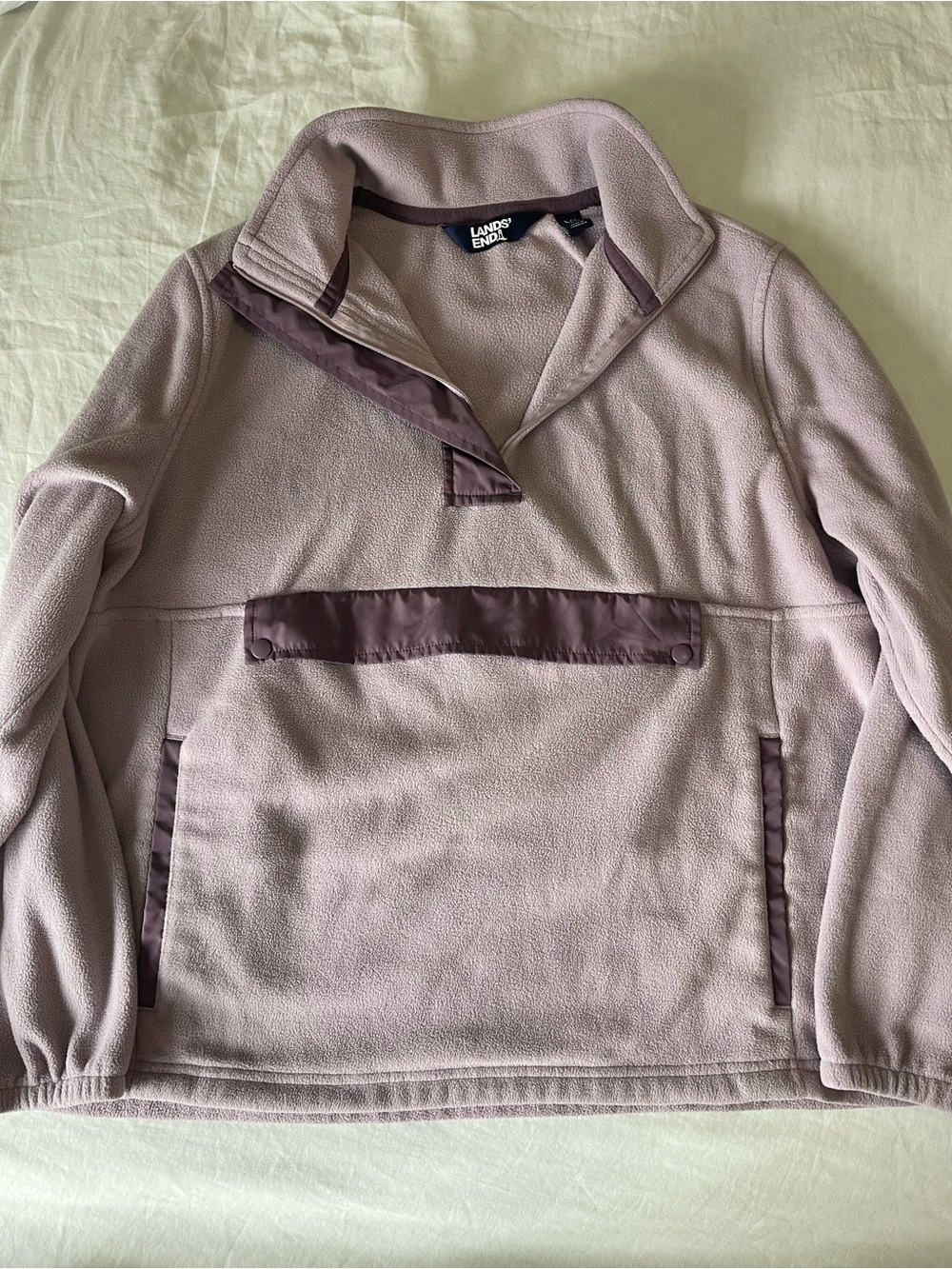 Lands' End Women's Dusty Mauve Pullover Fleece with Plum Trim
